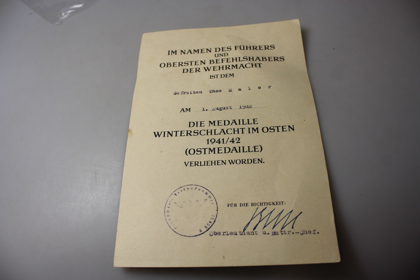 Attestato conferimento Ostmedaille 1941/42