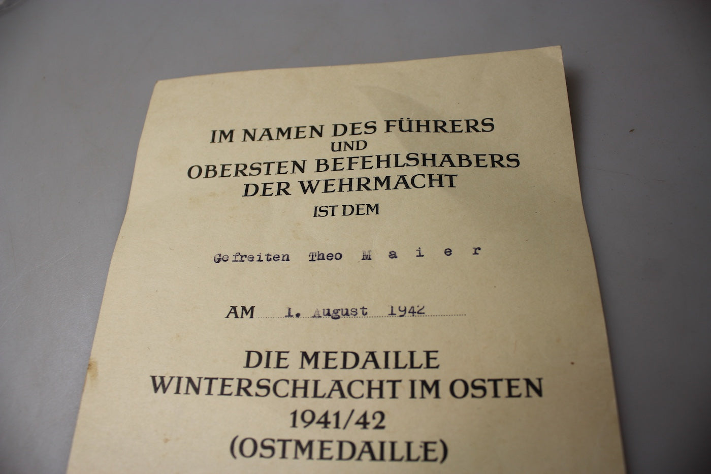 Attestato conferimento Ostmedaille 1941/42