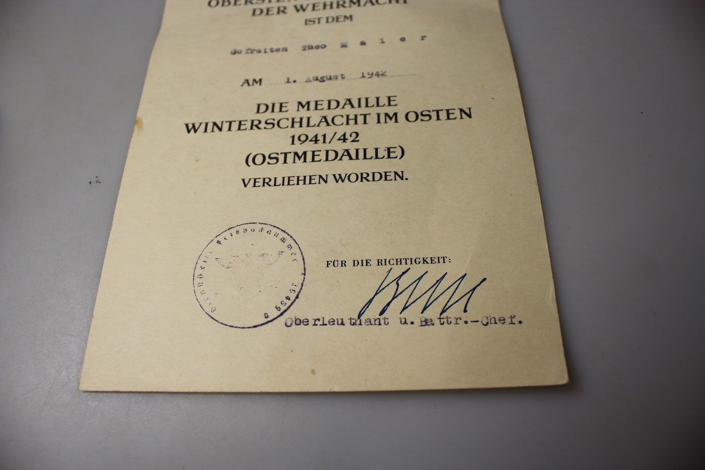 Attestato conferimento Ostmedaille 1941/42