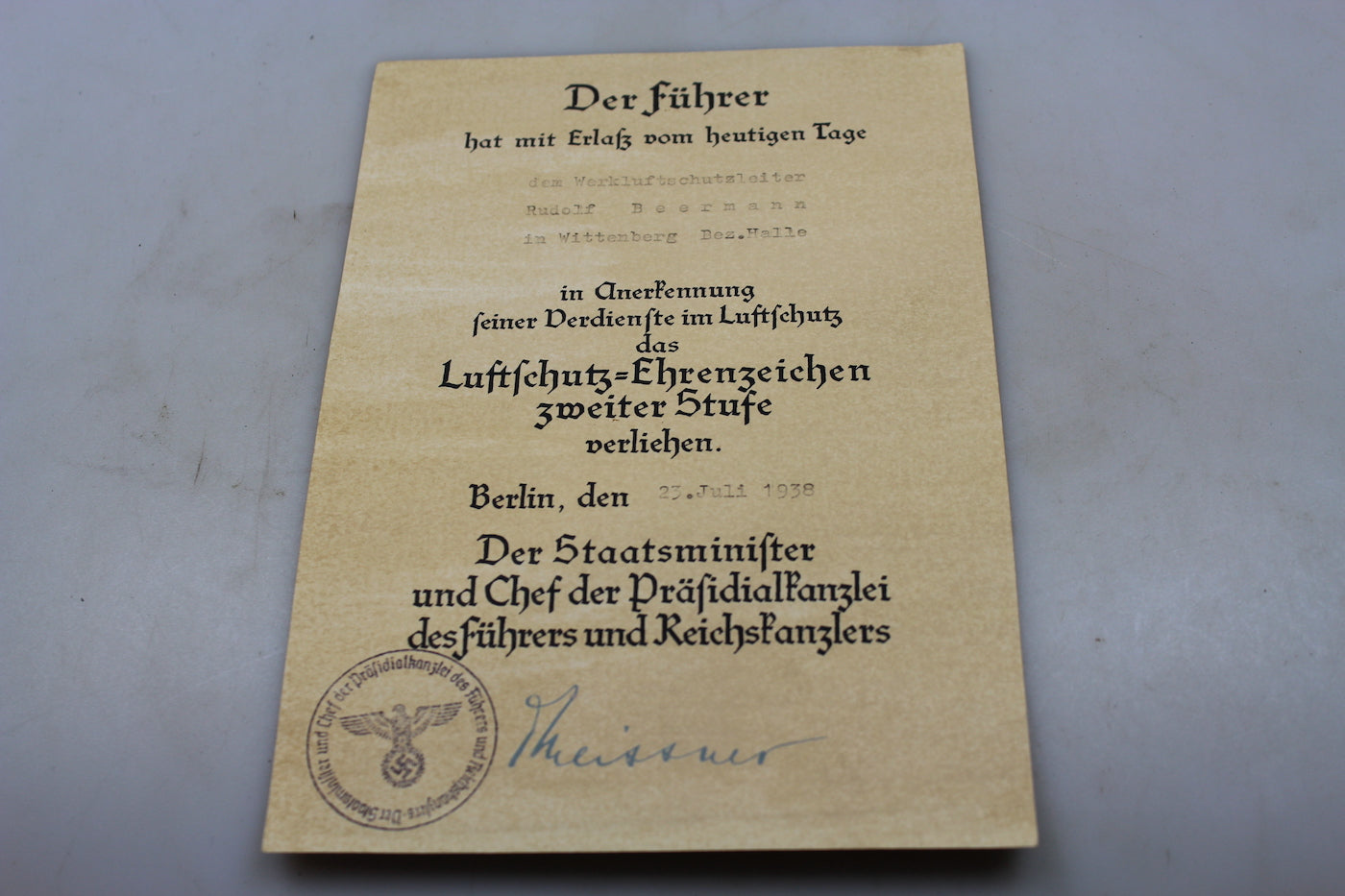 Attestato medaglia Luftschutz Ehrenzeichen 2^ Classe