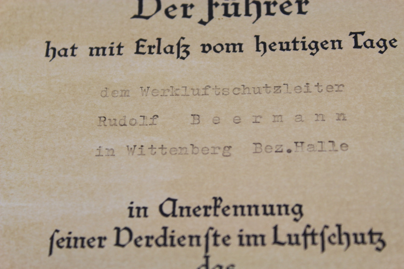 Attestato medaglia Luftschutz Ehrenzeichen 2^ Classe