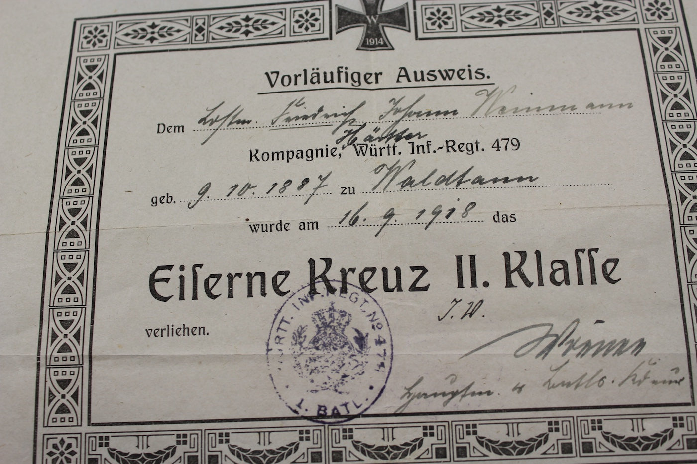 Attestato conferimento EK 2 WW1