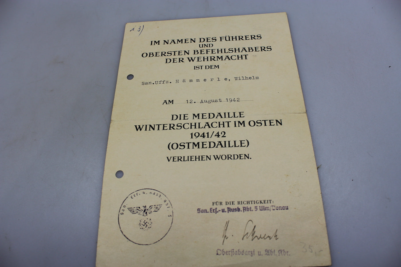 Attestato per Ostmedaille 1941/42