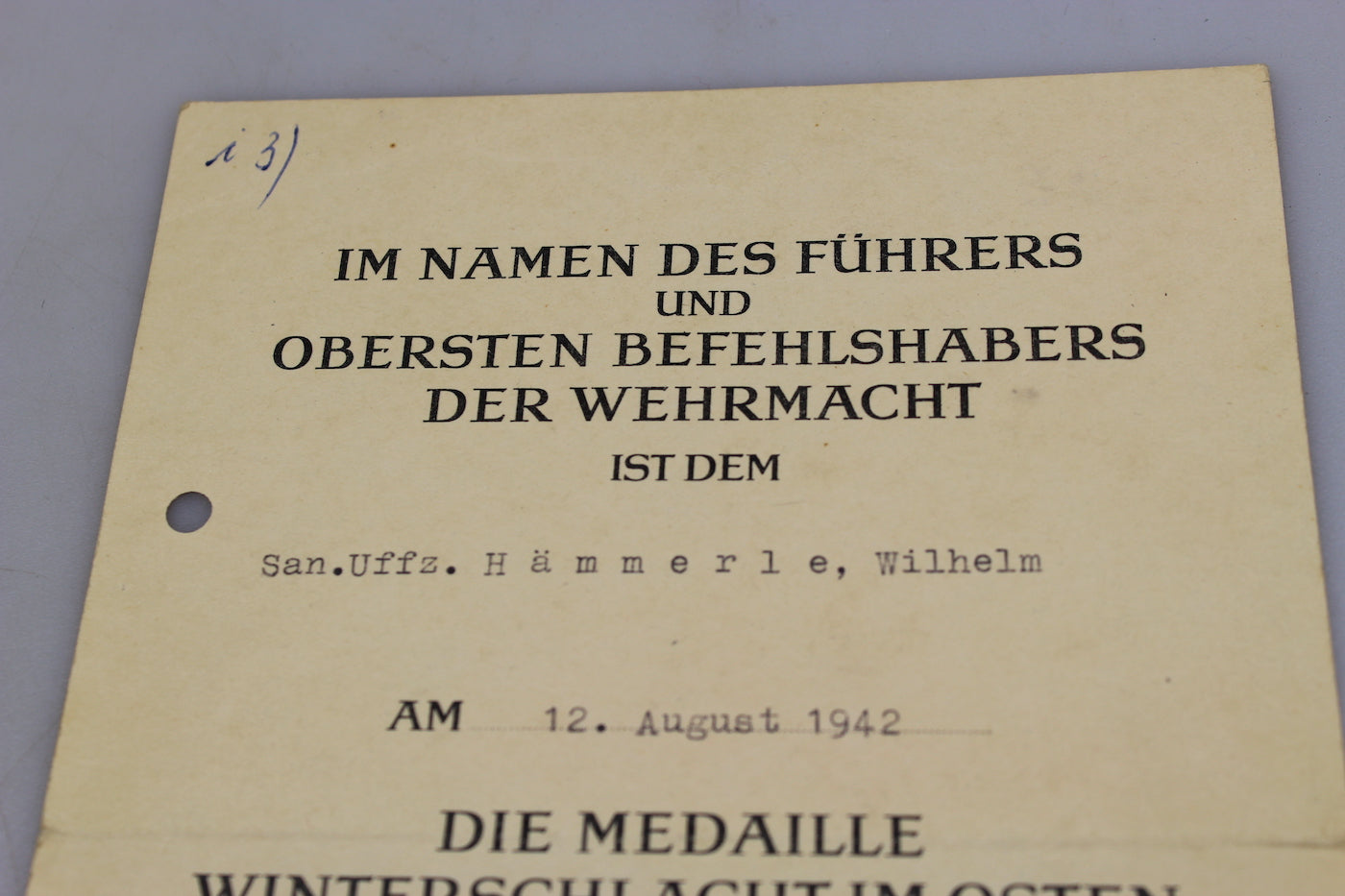 Attestato per Ostmedaille 1941/42