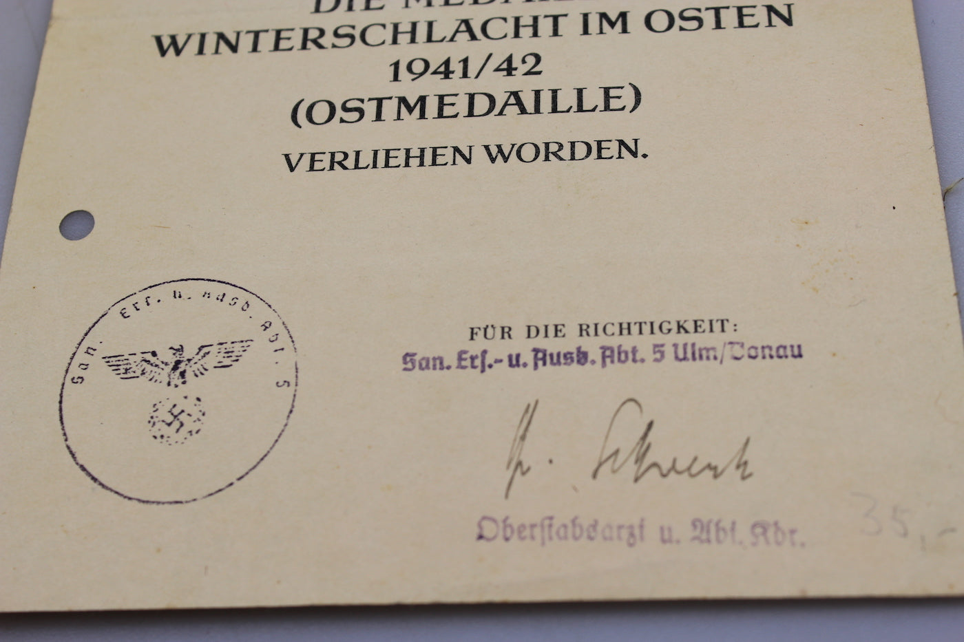Attestato per Ostmedaille 1941/42
