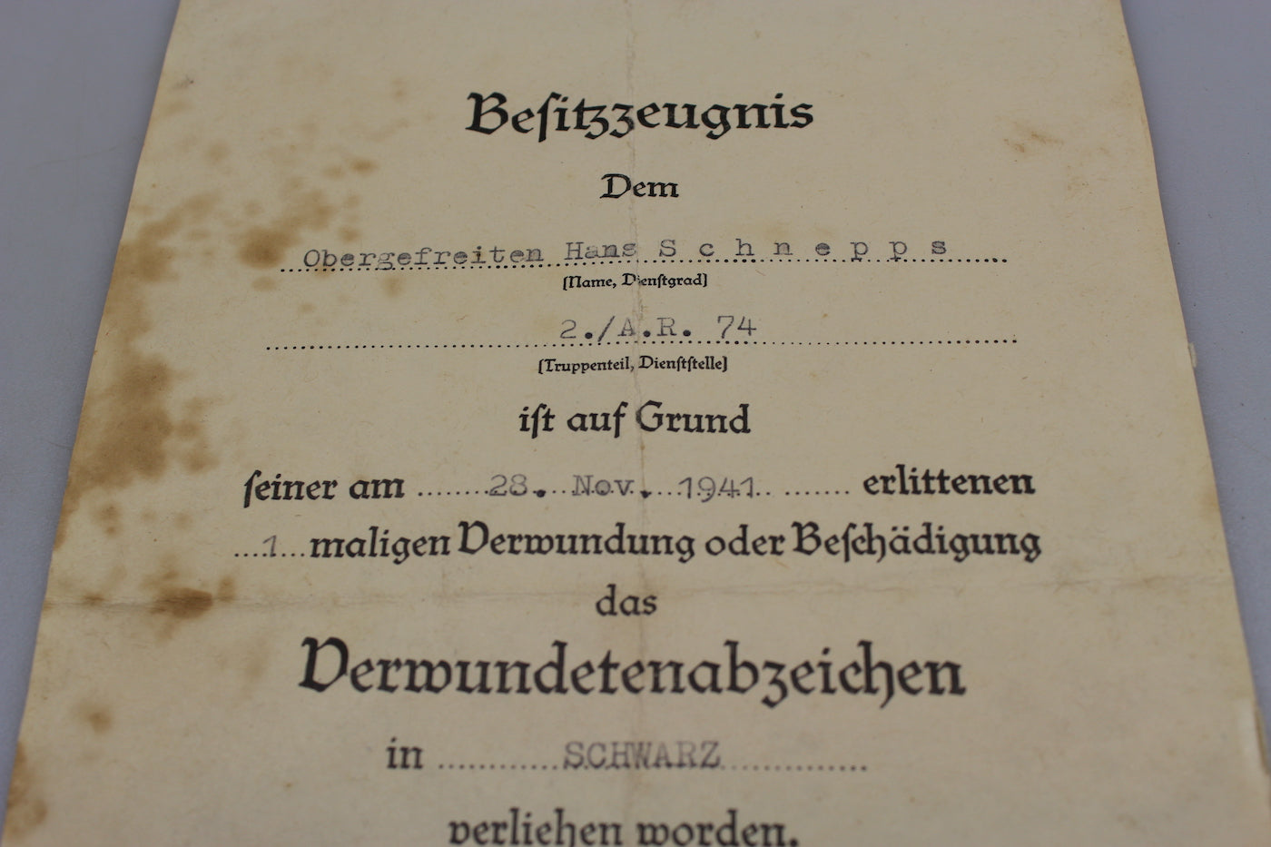 Attestato distintivo Ferita di Terza Classe