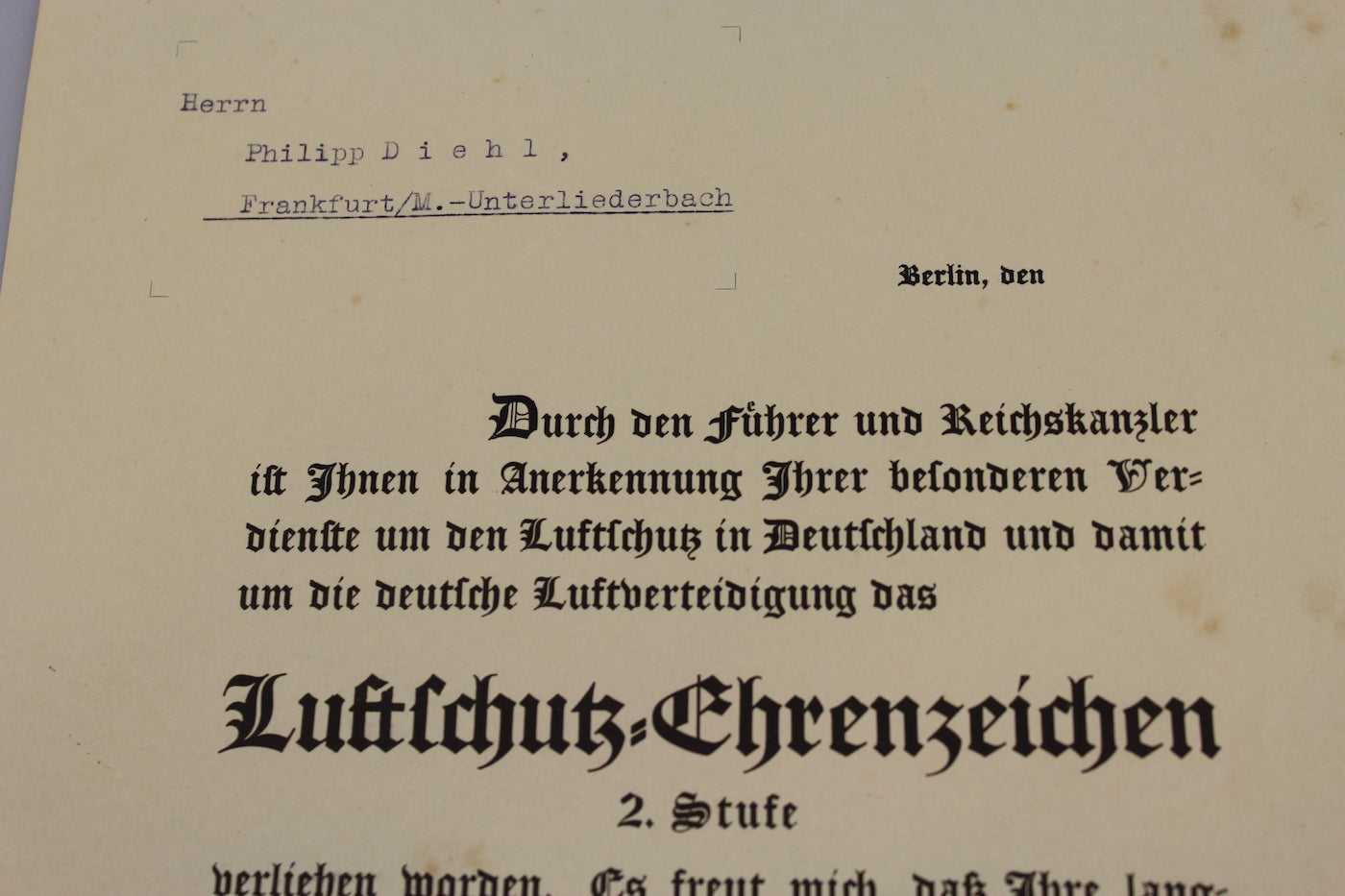 Attestato Luftschutz Ehrenzeichen 1938
