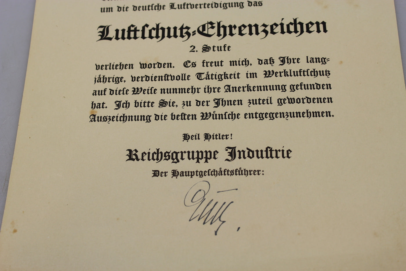Attestato Luftschutz Ehrenzeichen 1938
