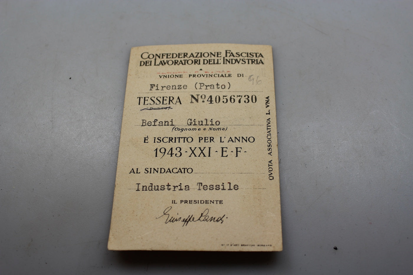 Tessera Confederazione Fascista Lavoratori Industria XXI°