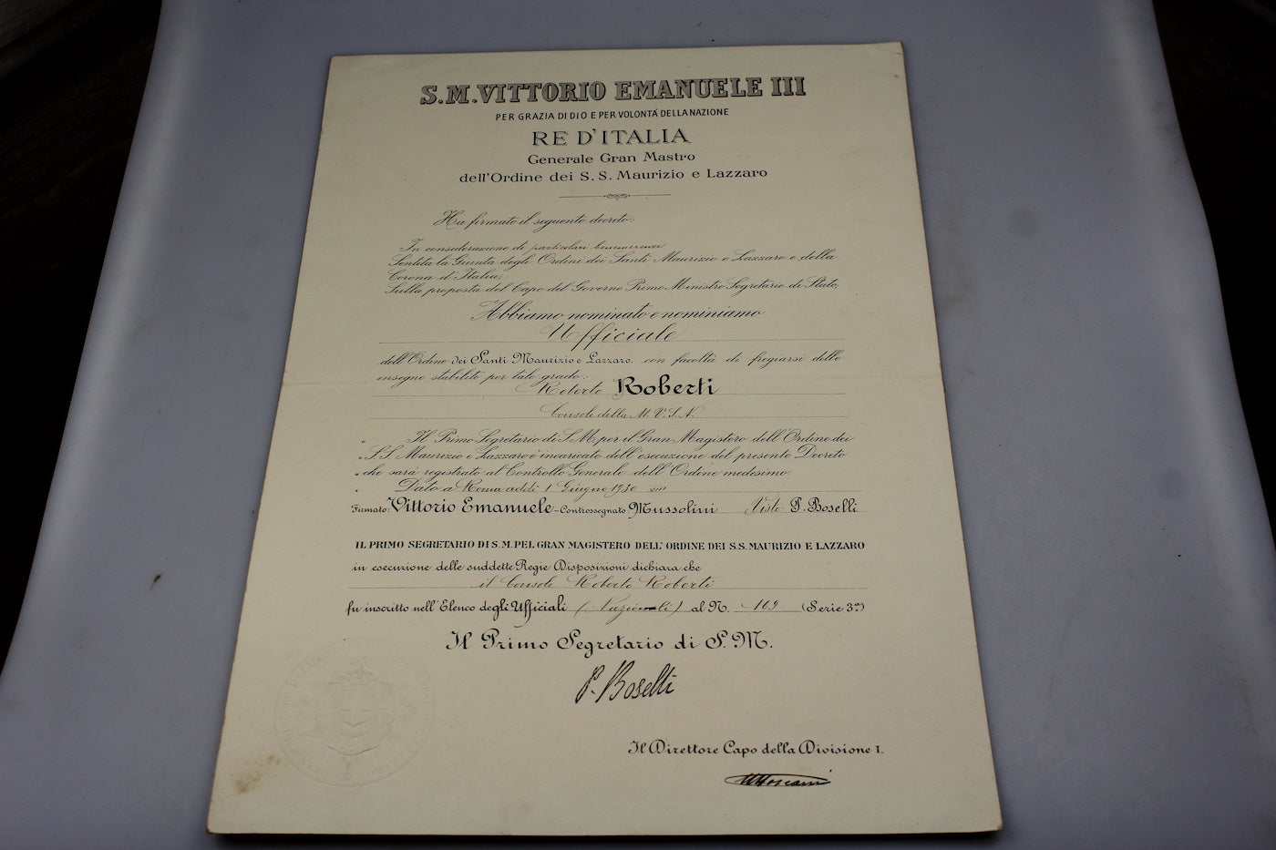 Attestato nomina Ufficiale Ordine S.S. Maurizio e Lazzaro