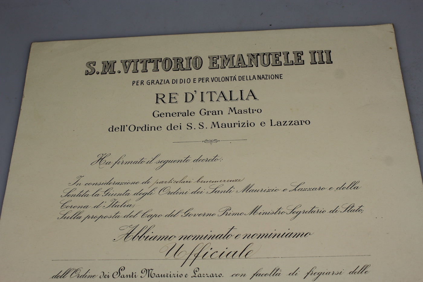 Attestato nomina Ufficiale Ordine S.S. Maurizio e Lazzaro