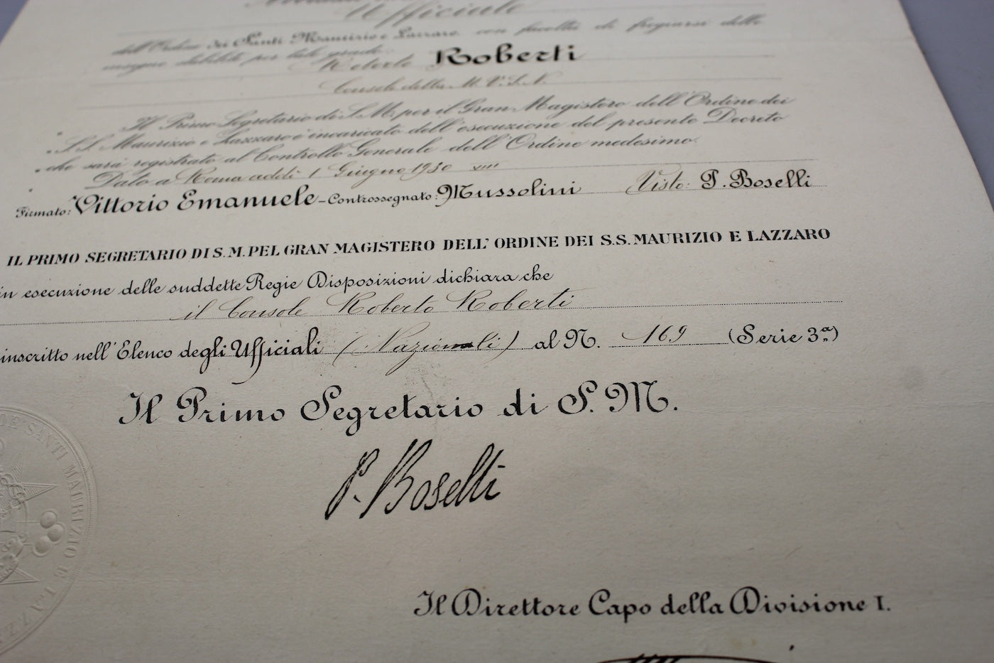 Attestato nomina Ufficiale Ordine S.S. Maurizio e Lazzaro