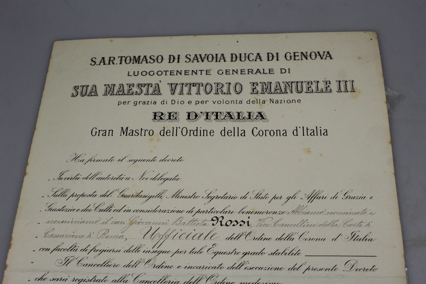 Attestato nomina Ufficiale Ordine Corona d'Italia