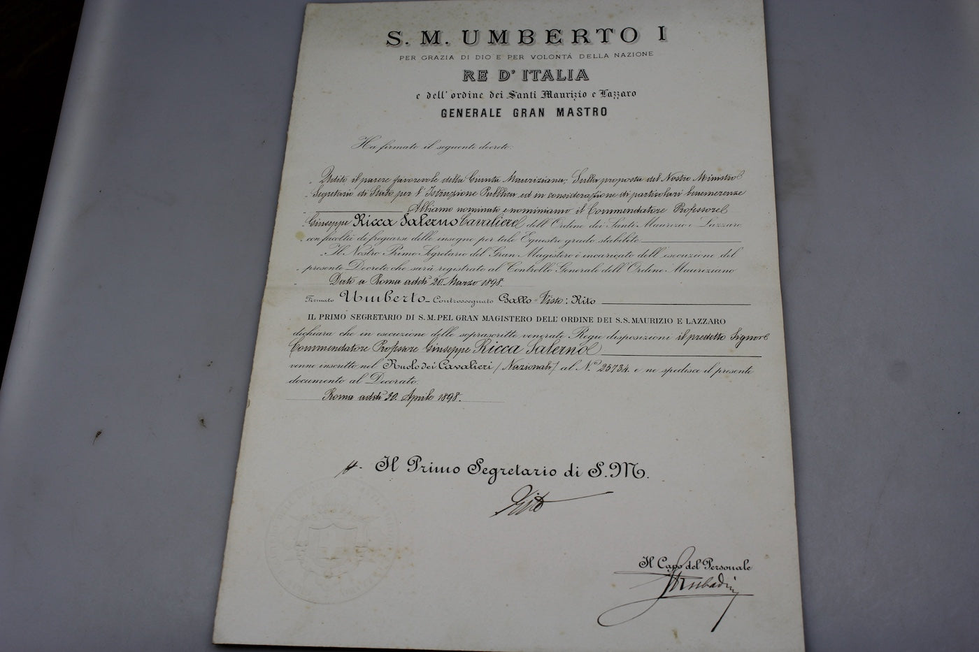 Attestato Cavaliere Ordine Santi Maurizio e Lazzaro