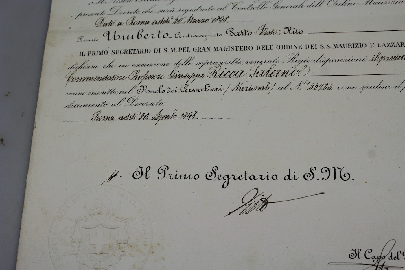 Attestato Cavaliere Ordine Santi Maurizio e Lazzaro, foto 3