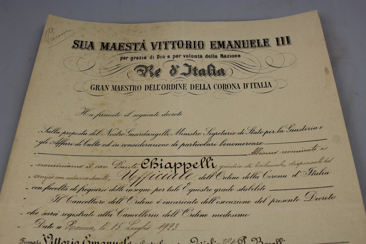 Attestato nomina Ufficiale della Corona d'Italia anni 20/30