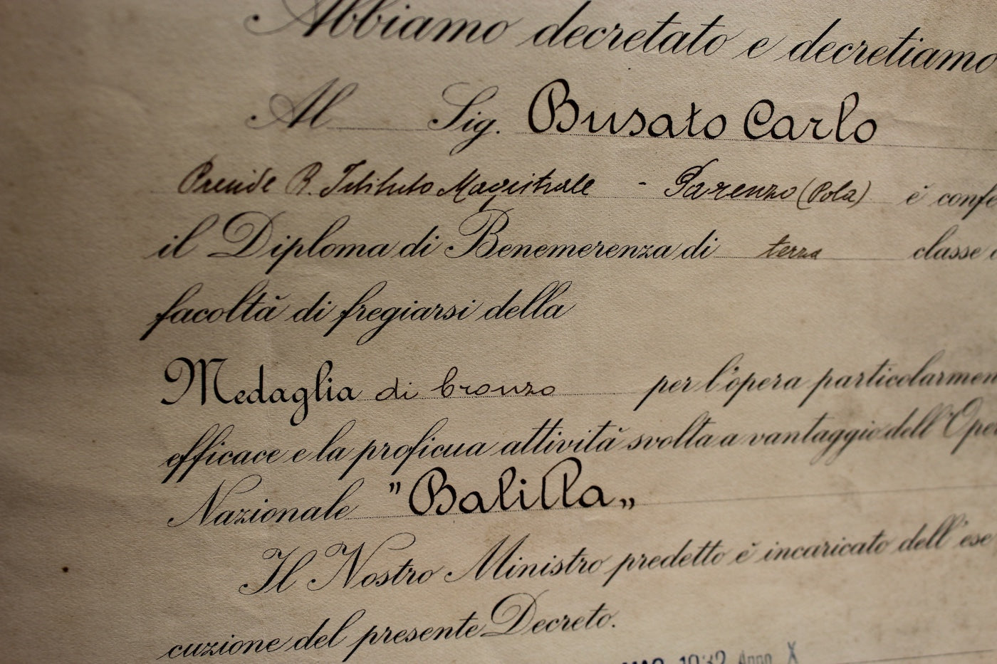 Attestato ONB - Medaglia di bronzo