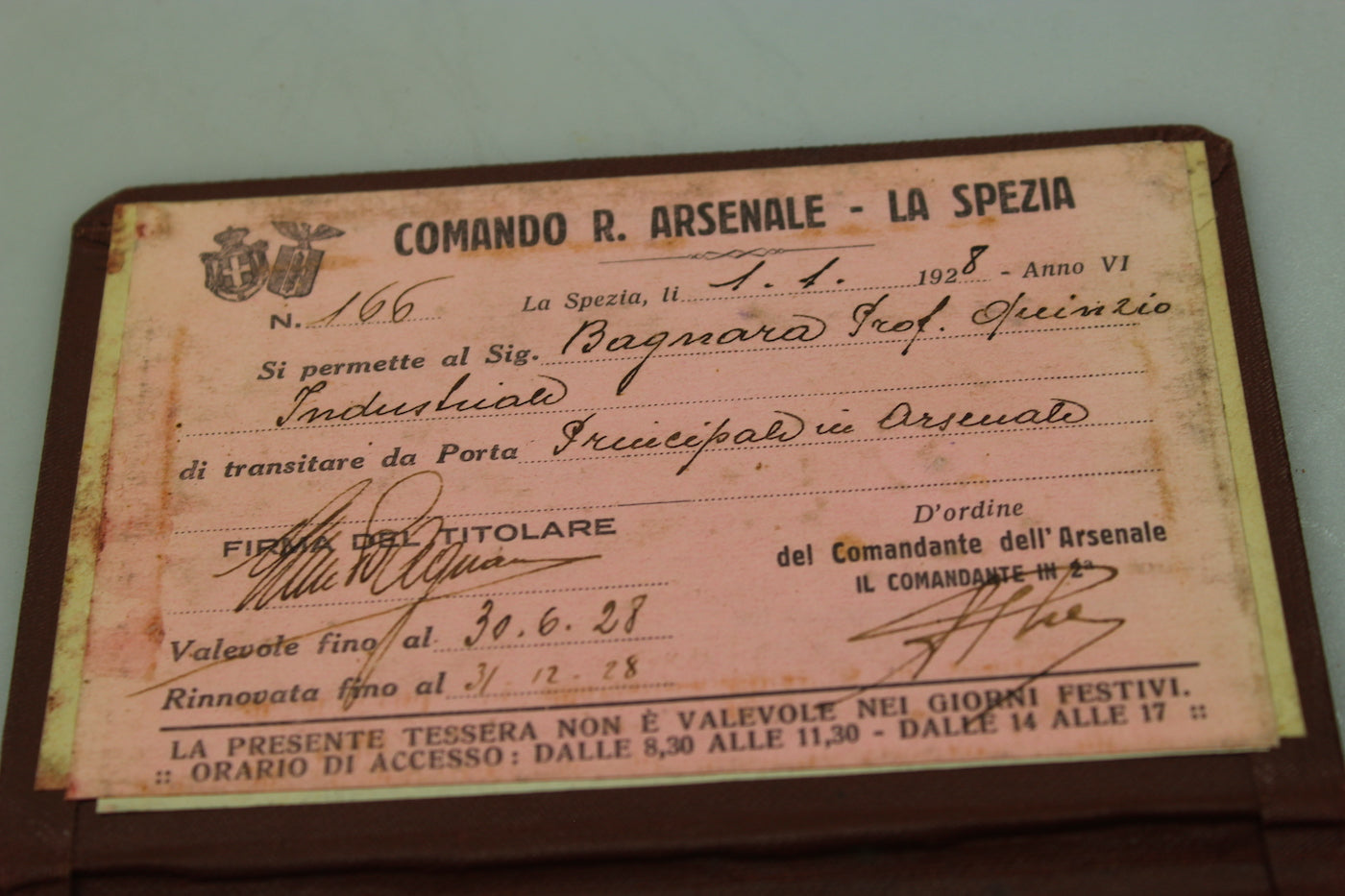 Tessera lasciapassare Regio Arsenale La Spezia