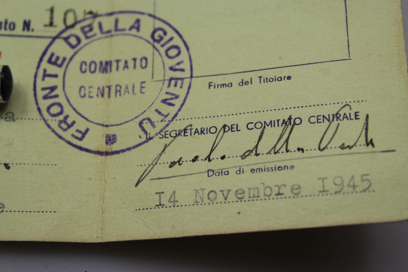 Tessera PCI - Fronte della Gioventù 1945