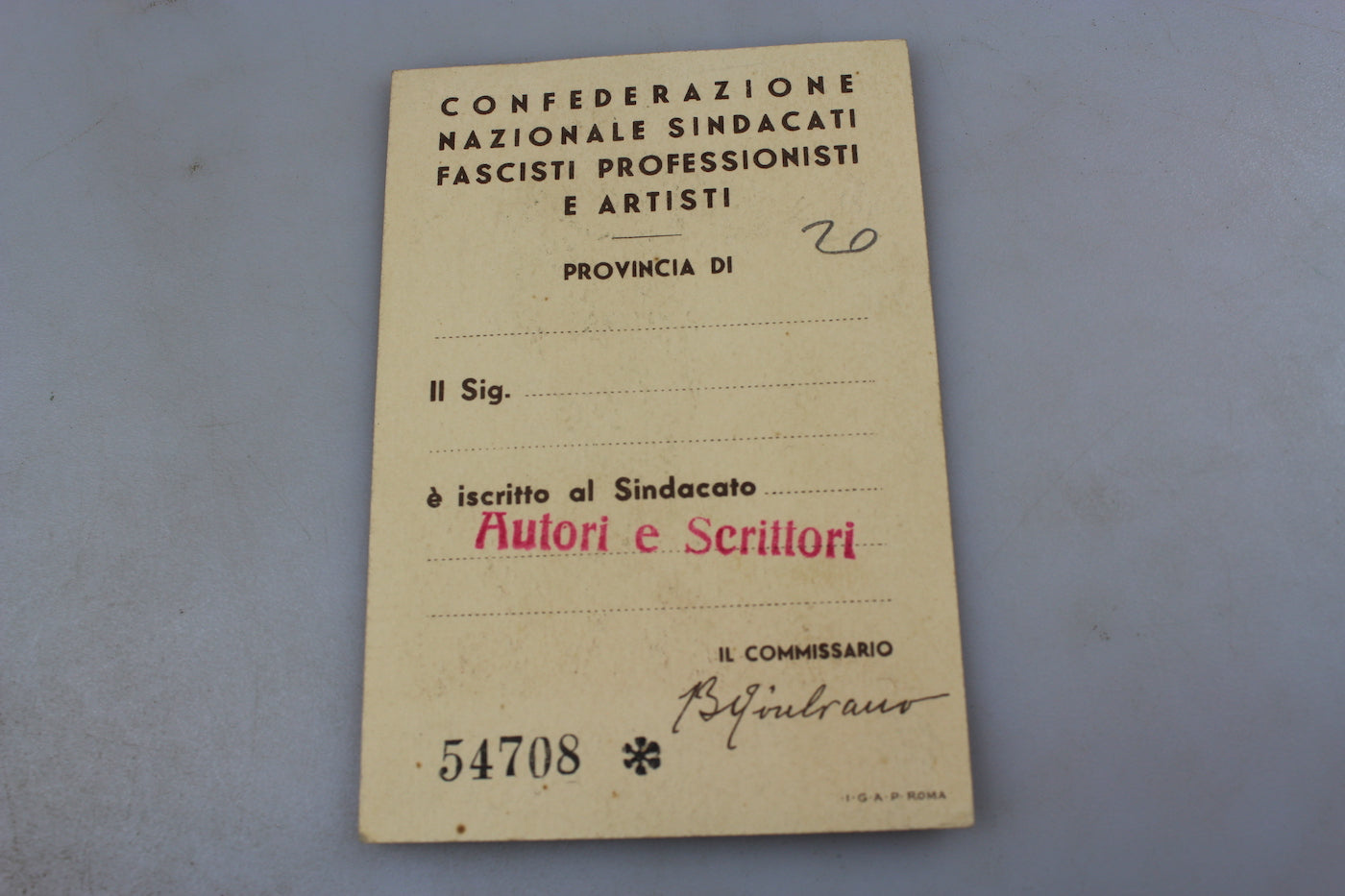 Tessera Confederazione Nazionale Sindacati Fascisti Professionisti &amp; Artisti XII°