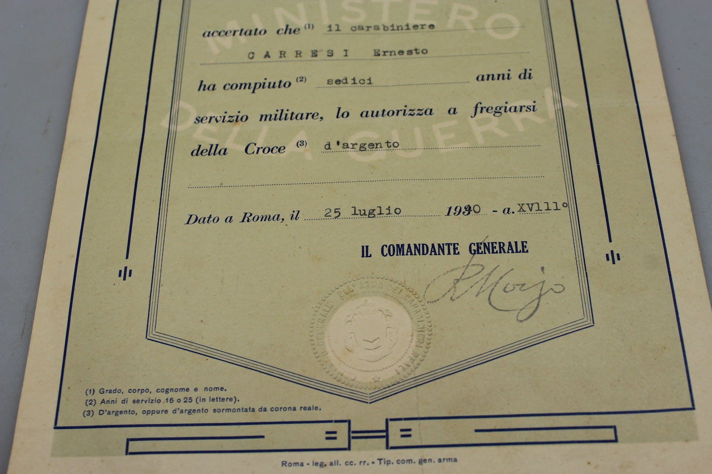 Croce XVI anni Servizio con attestato anni 40 RRCC