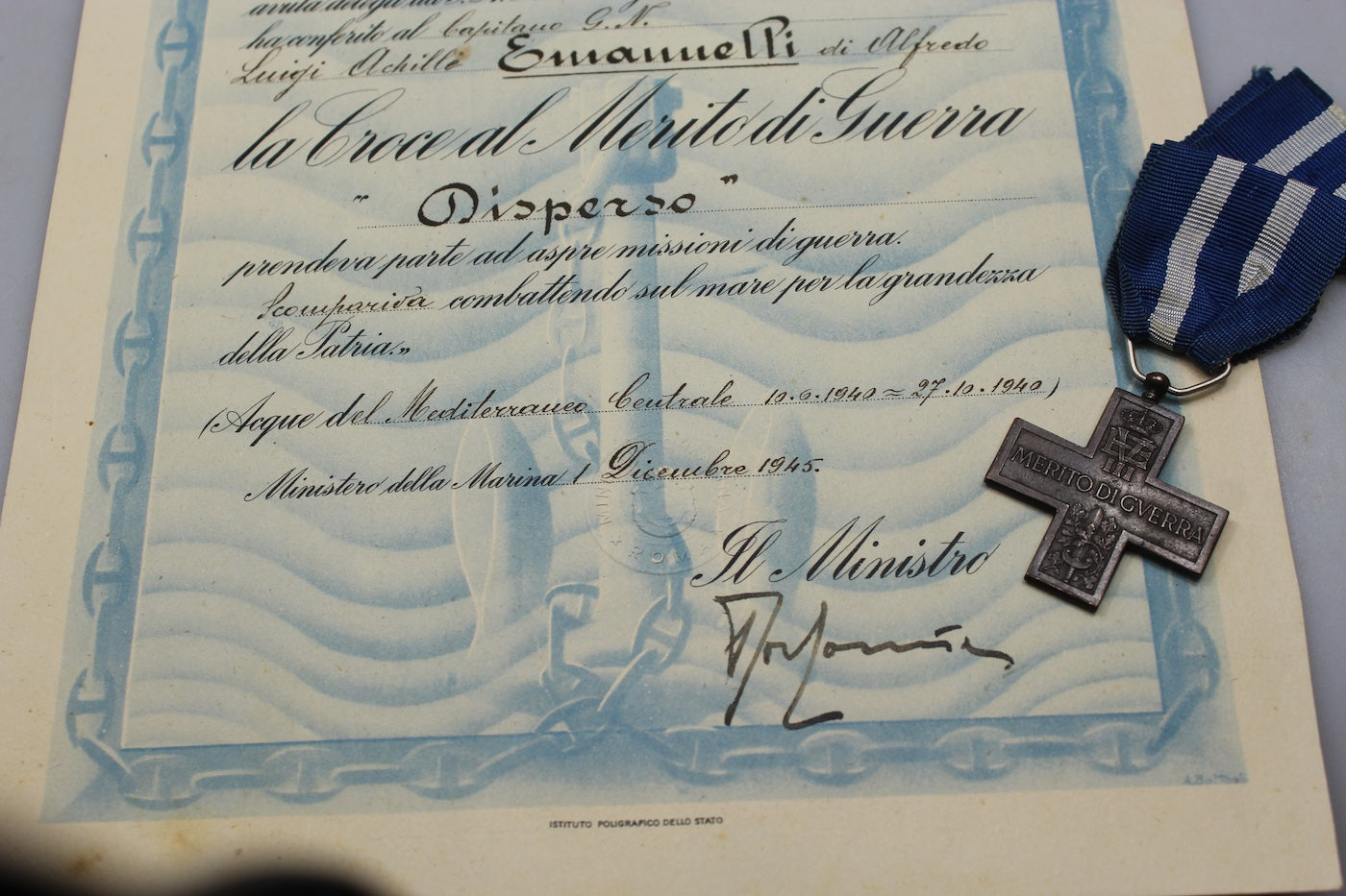 Croce al Merito di Guerra + Attestato Regia Marina