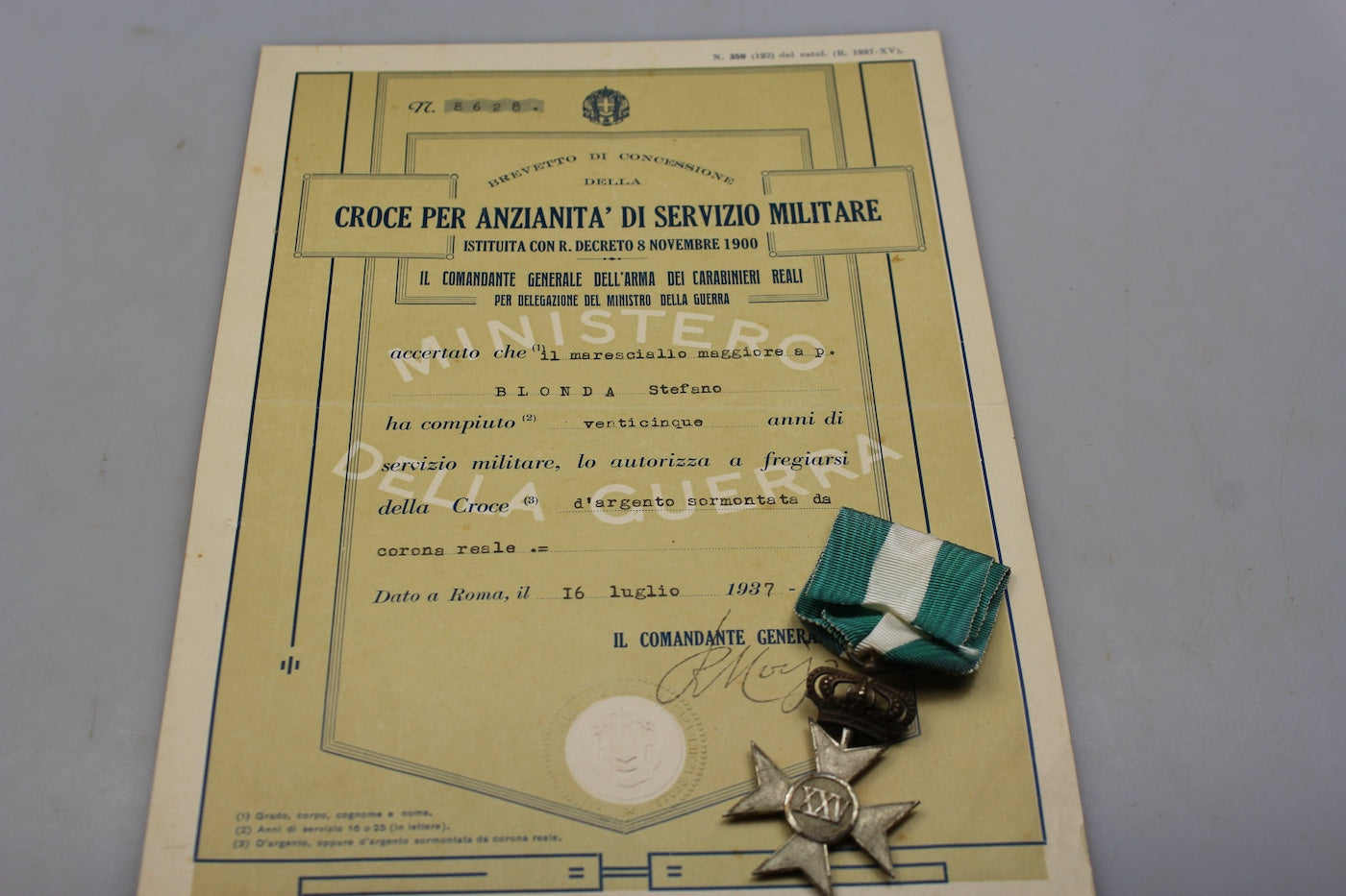 Croce Argento XXV Anni di Servizio con attestato di conferimento