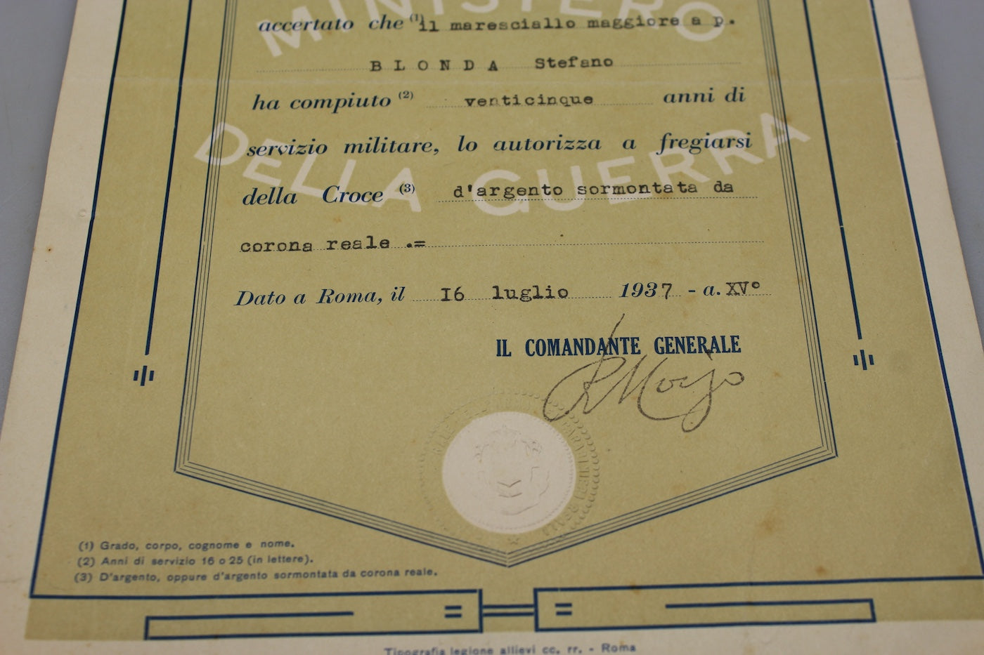 Croce Argento XXV Anni di Servizio con attestato di conferimento