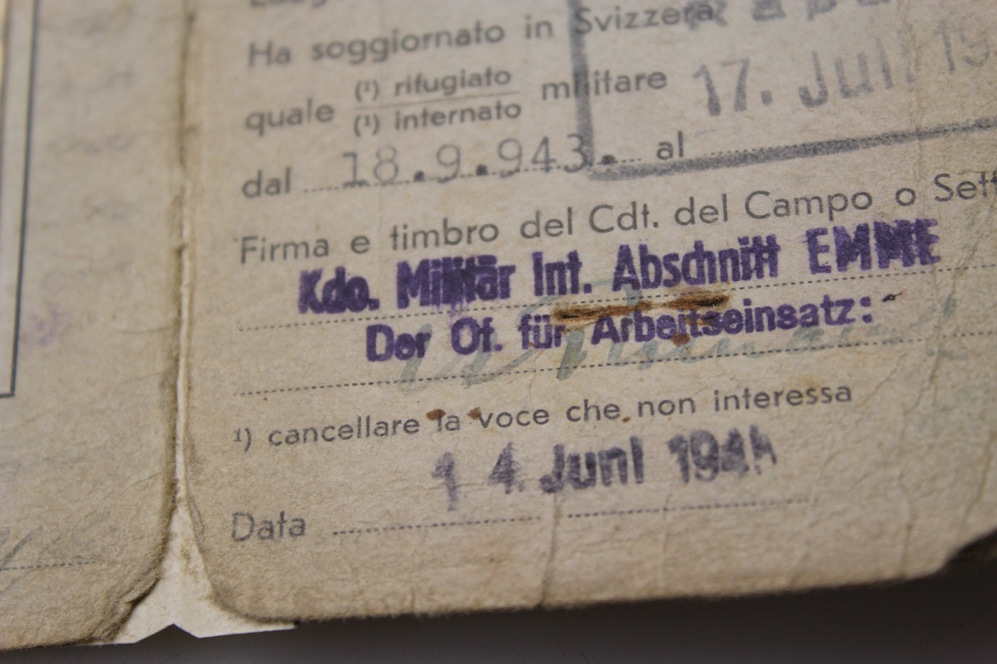 Tessera Commissariato Federale per l'Internamento e l'Ospitalità WW2