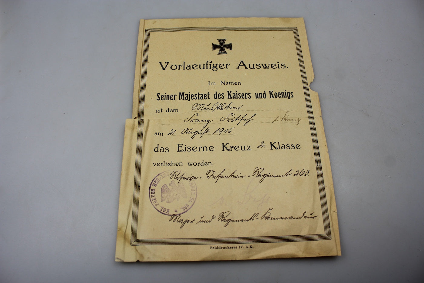 Attestato Croce di Ferro 2^Classe WW1