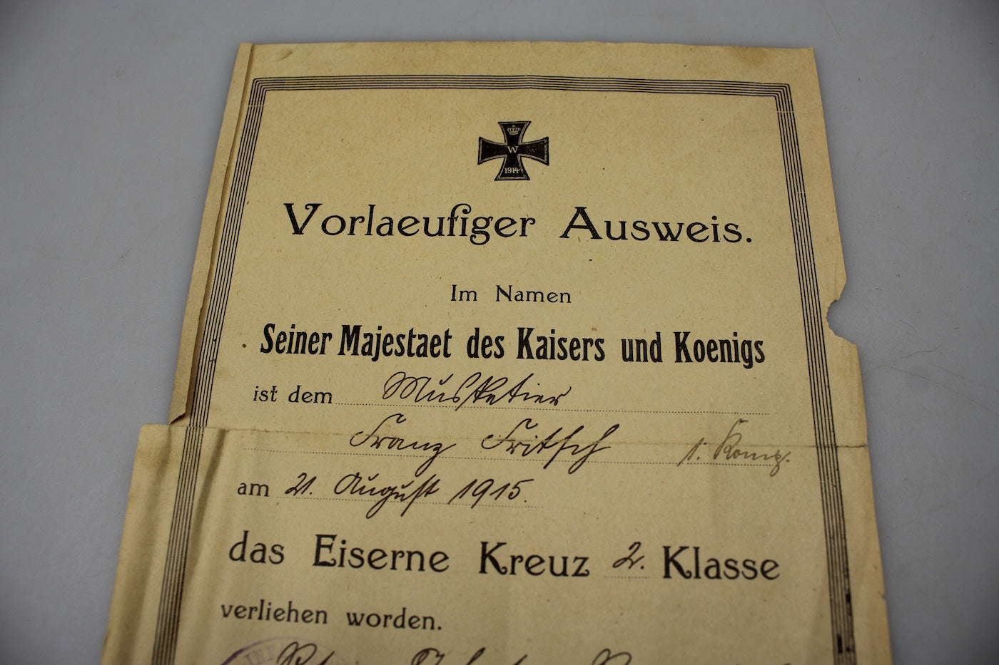 Attestato Croce di Ferro 2^Classe WW1