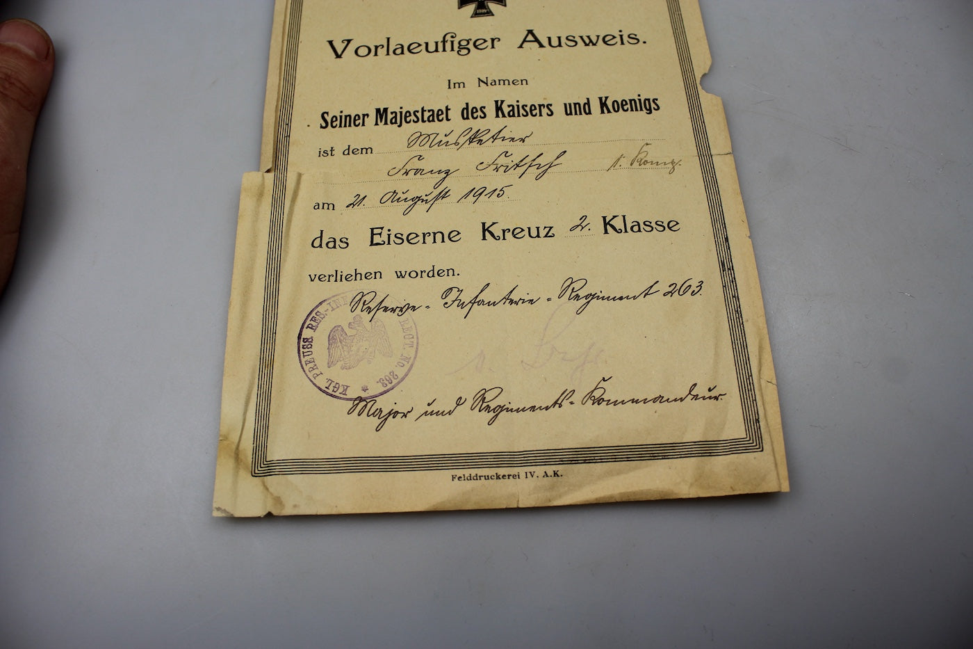 Attestato Croce di Ferro 2^Classe WW1