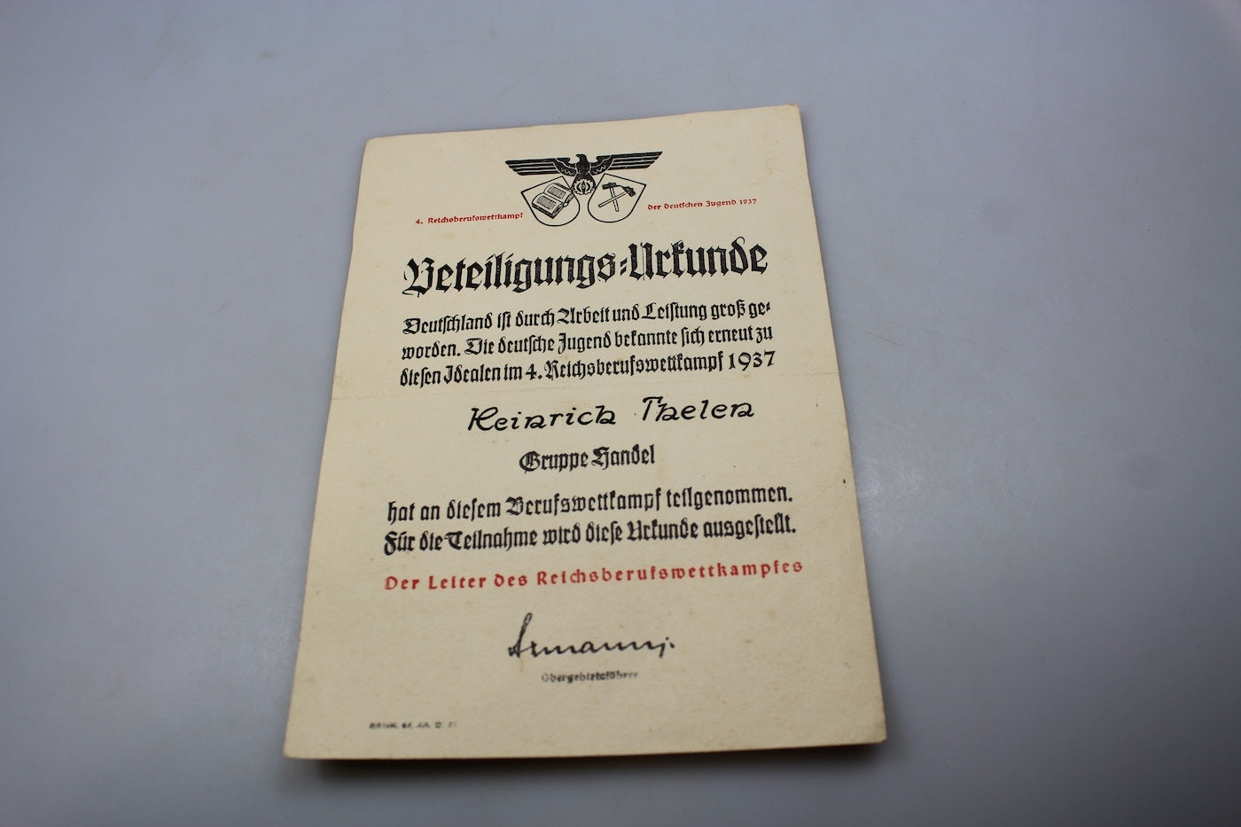 Attestato Hitlerjugend Reichsberuffswettkampf 1937