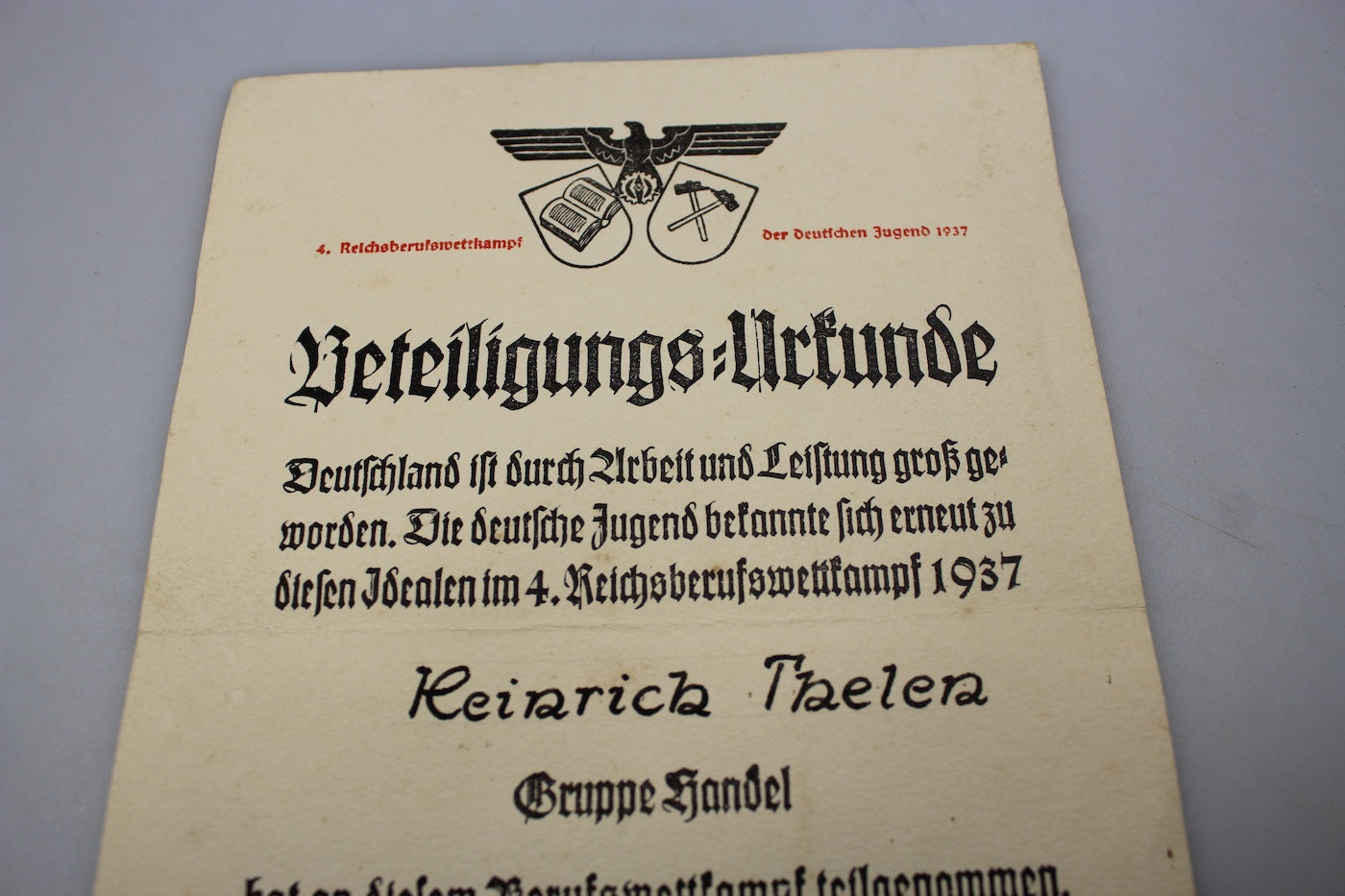 Attestato Hitlerjugend Reichsberuffswettkampf 1937
