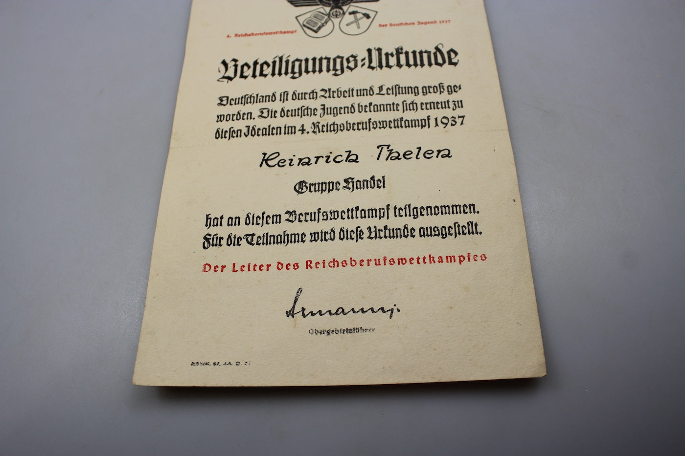 Attestato Hitlerjugend Reichsberuffswettkampf 1937