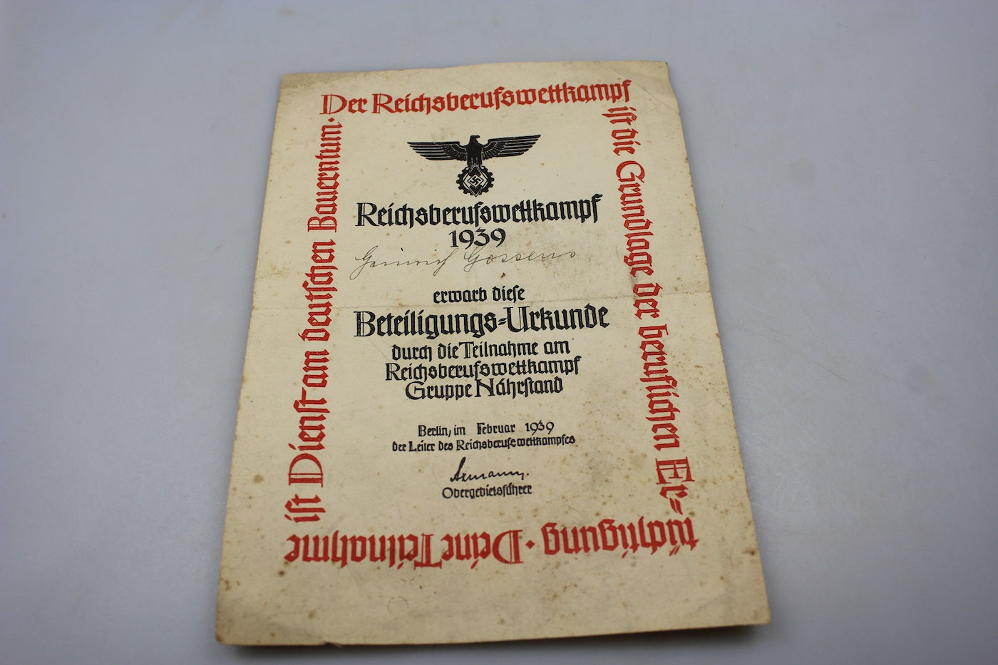 Attestato di partecipazione Reichsberufswettkampf Berlino 1939
