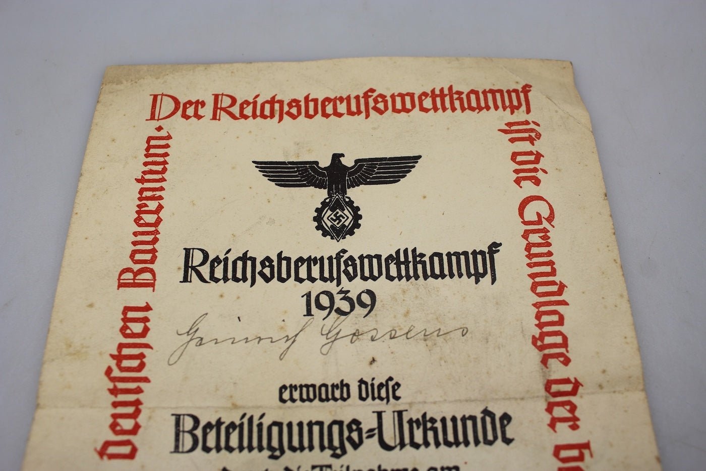 Attestato di partecipazione Reichsberufswettkampf Berlino 1939