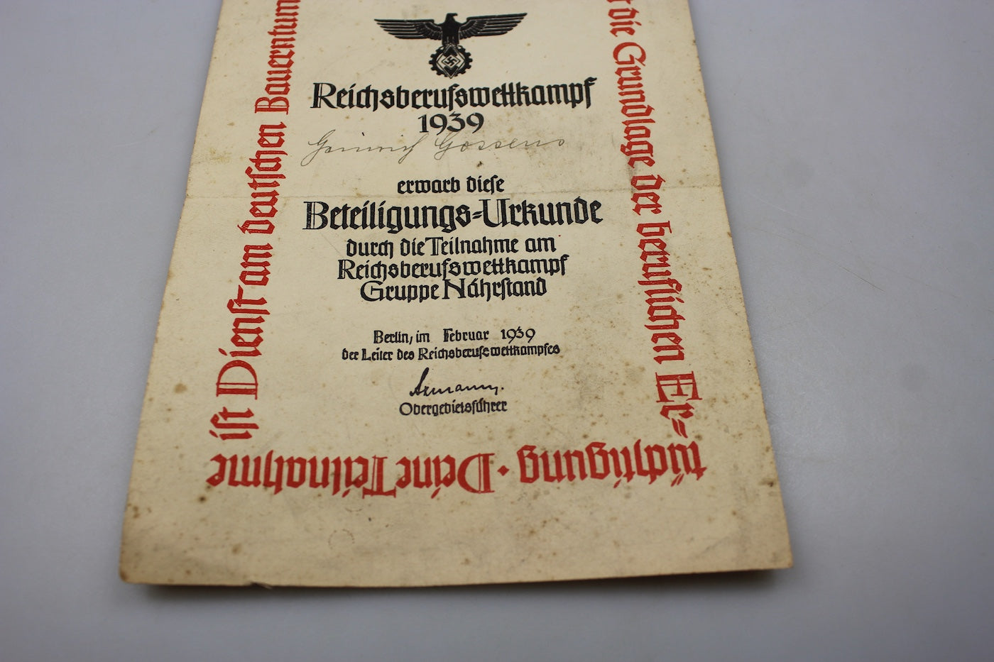 Attestato di partecipazione Reichsberufswettkampf Berlino 1939