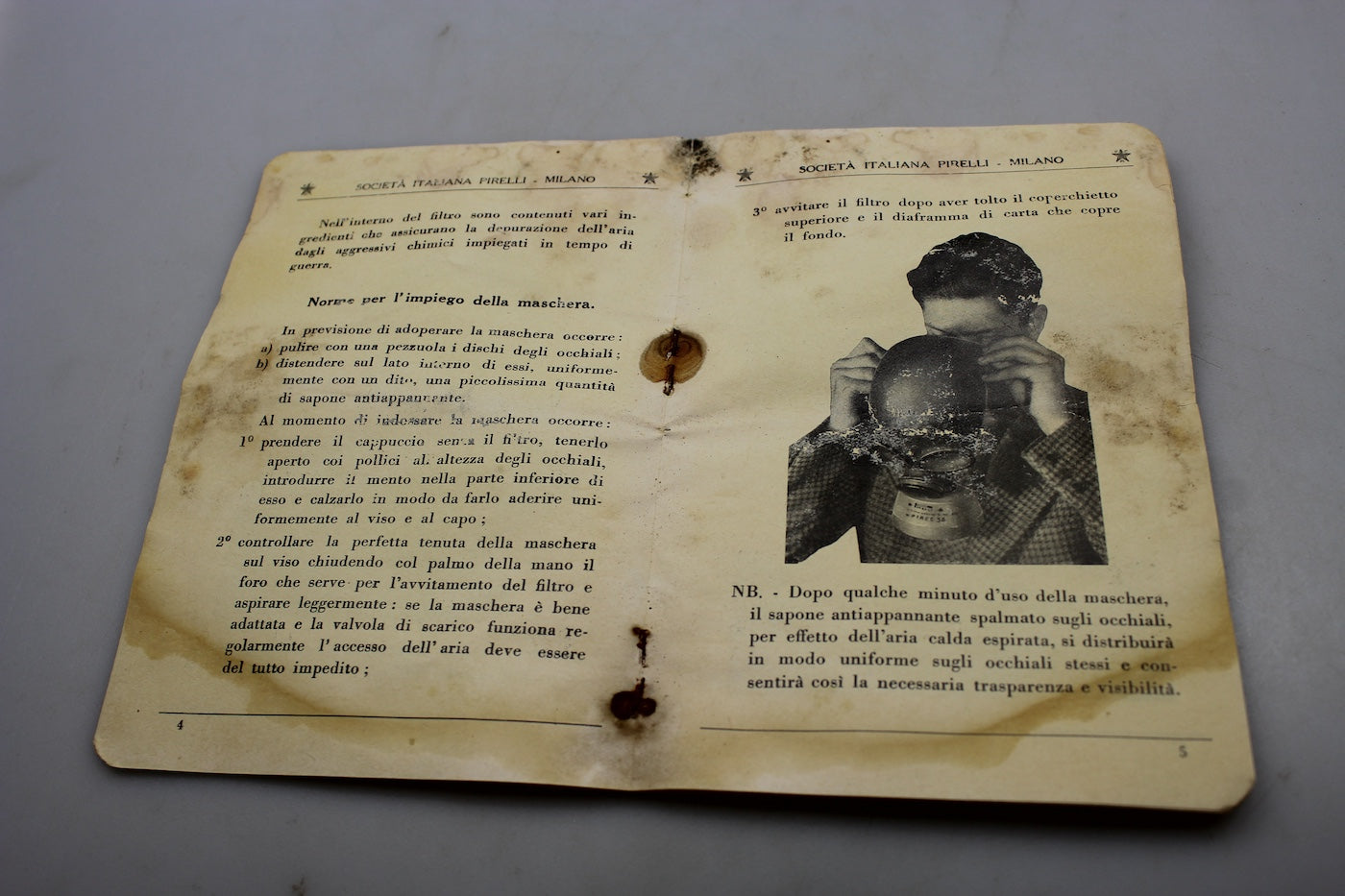 Manuale "Maschera antigas Pirelli  "Rifugio" L.V./B.N. - 1940