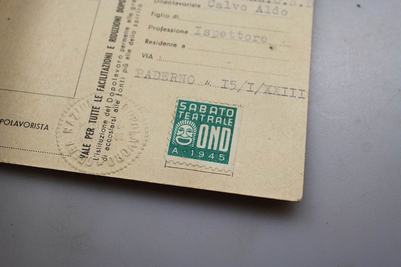 Tessera iscritto OND 1945 - RSI – RBNr Militaria