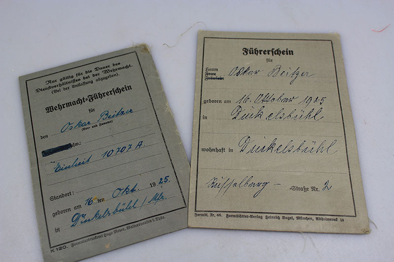 Coppia di patenti di guida, civile e militare Wehrmacht