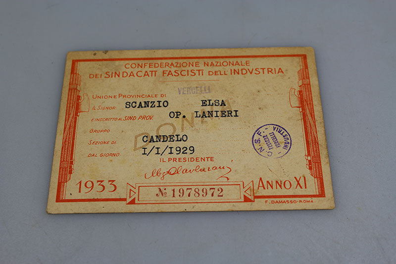Tessera Sindacati Fascisti dell'Industria XI°