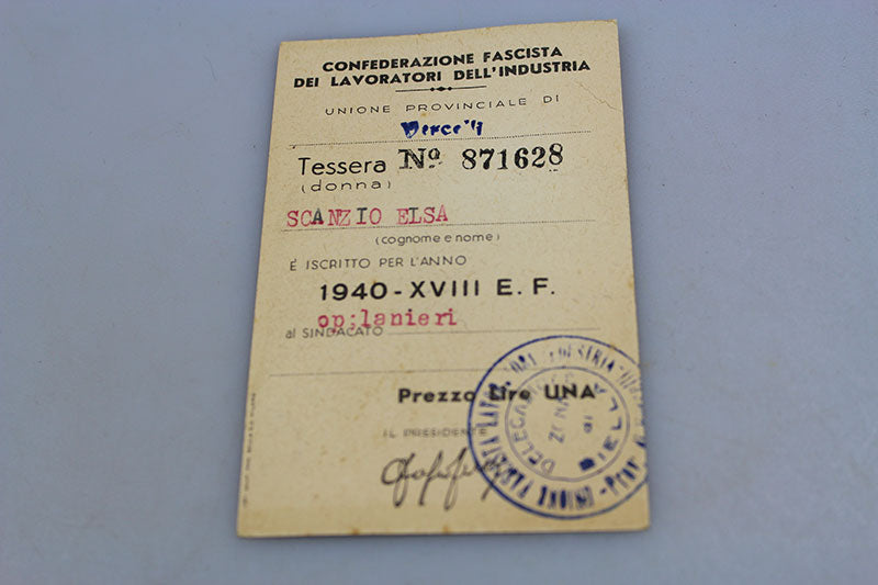 Tessera Confederazione Fascista Lavoratori dell' Industria XVIII°