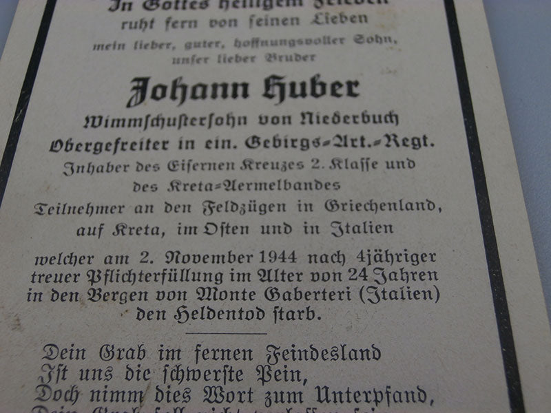 Sterbebilder Gebirgsjager ( probabilmente il 100° Rgt. ) Italia 2/11/44